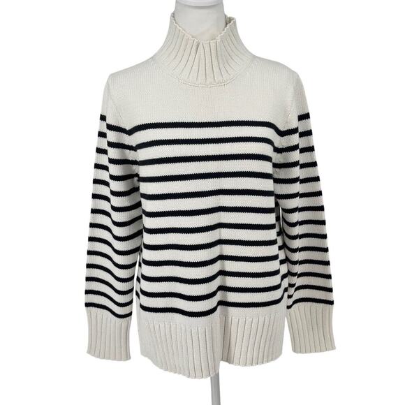 J.Crew Women’s Striped Cotton Mockneck Sweater Sz M Ivory Black NWT FALL 24 - Picture 1 of 12